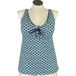 Lands End Tankini Swim Top Women 16 Blue White Geometric Padded Adjustable Strap